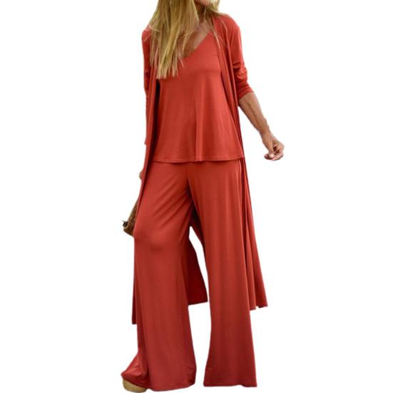 Three-piece Stylish V Neck Top Women Pants Suit Sleeveless Top Casual Solid Color Autumn Suit