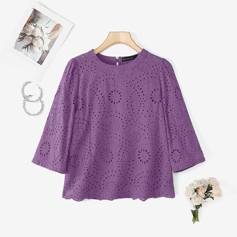ZANZEA Dame Casual Rund Hals 3/4 Erme Løs Lappeteppe Heklet Bluse