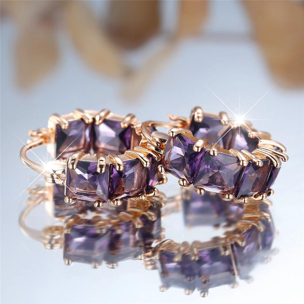 Orecchini a Cerchio da Donna di Lusso con Grande Pietra di Zircone Viola Moda Colore Oro Gioielli da Matrimonio per Donne