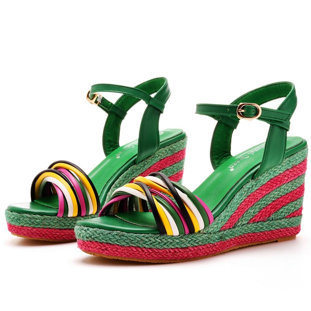 9cm Bohemian Wedge Sandals Waterproof Platform Fish Mouth High Heel Sandals Straw Mat Wedge Beach Sandals