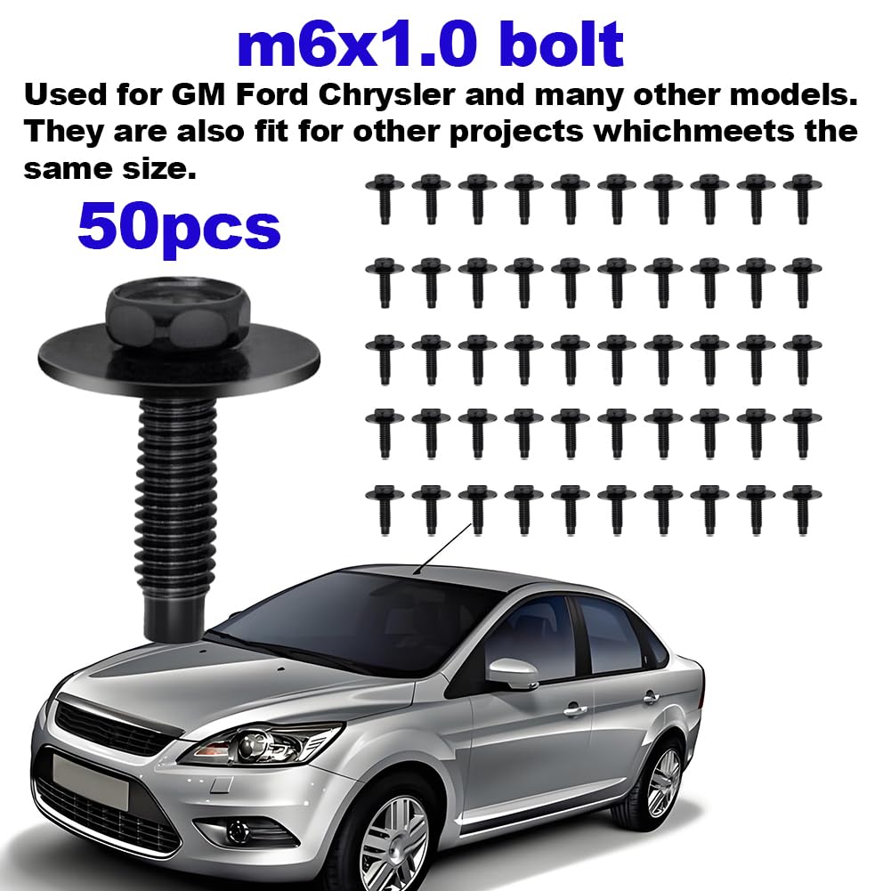 50Pcs M6-1.0 Hex Head Body Bolts Bumper Fender Splash Shield Under Cover Hood,M6 Bolt,Hex Bolts,10Mm Bolt,20Mm Washer