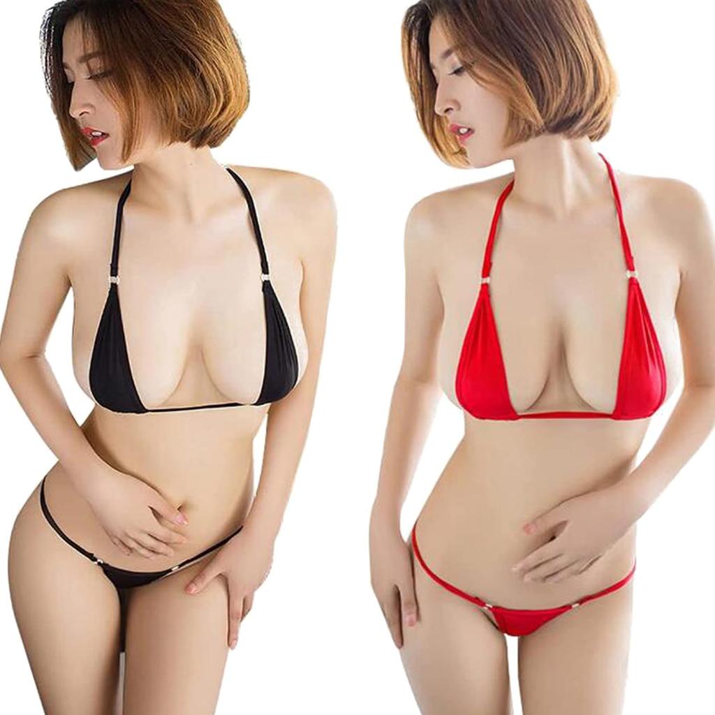 Bikini Set Sexy Cosplay Exposed Swimsuit Tempting String Panties Halter Neck Competition [LIKENNY] 2-piece (red + Black)