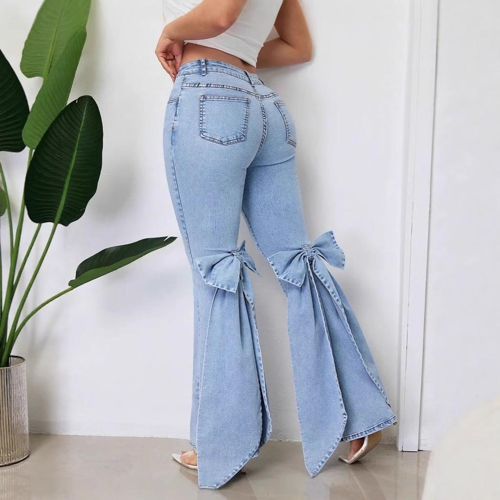 Jeans de Mujer de Moda Cintura Alta Elásticos con Lazo Decorado Jeans Acampanados