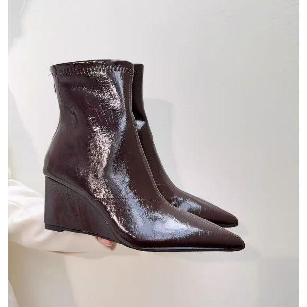 Fashion High Heel Boots Rear Zipper Elastic College Temperament Short Boots Pointed Skinny Boots Black Wedge Heel