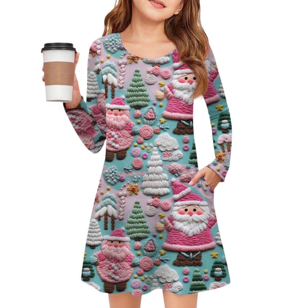 Christmas Day Girls' Long Sleeve Dress - Color Pocket Dress