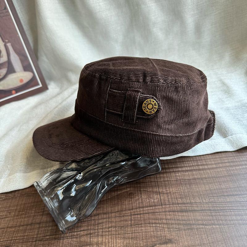 Fashion Hat Korean version button retro black flat top cap women's literary niche casual versatile face small equestrian hat tide