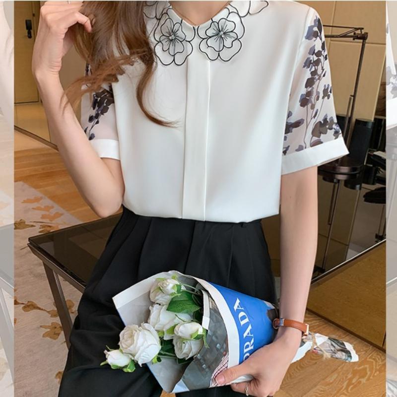 Women s Fashion Casual Summer Spring Flower Pattern Print Short Sleeve O-Neck Blouses Shirts S
