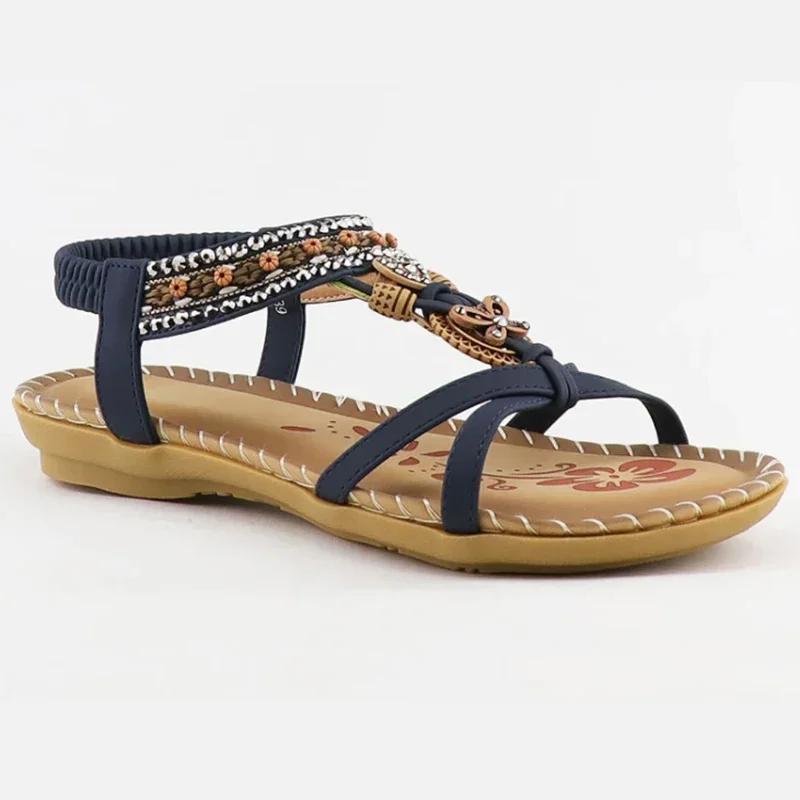 Fashion Flowers Crystal Bohemian Sandals Women Plus Size Non-Slip Beach Sandalias Mujer Elastic Band Low Heel Retro Sandals Woman 43