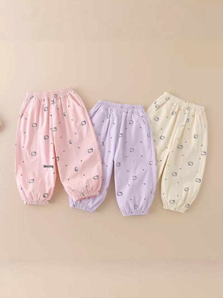 Summer 2026 Girls' Mosquito Repellent Cat Print Casual Pants