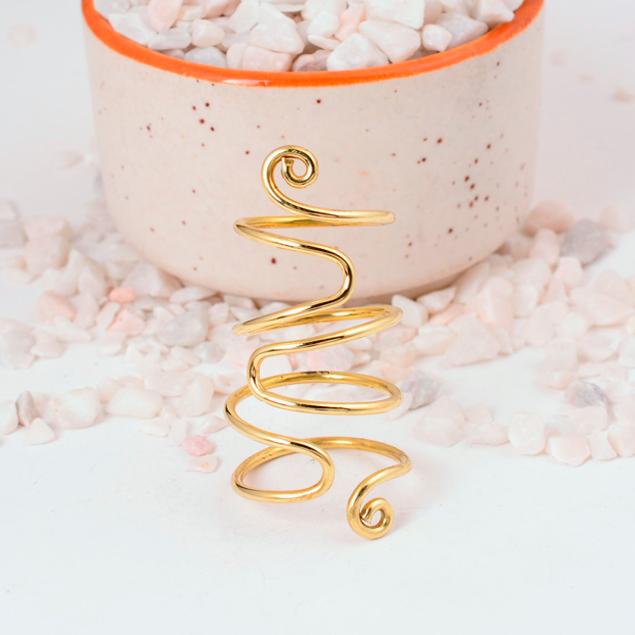 Extra Tall Gold Wire Spiral Ring: Dramatic long coil design with scroll ends, perfect for a statement thumb ring or loc jewelry.
