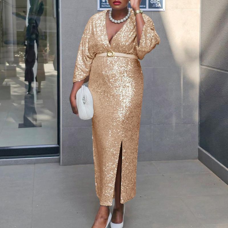 Fashion Women's Temperament V-neck Sexy Skinny Sequin Large Size Dress