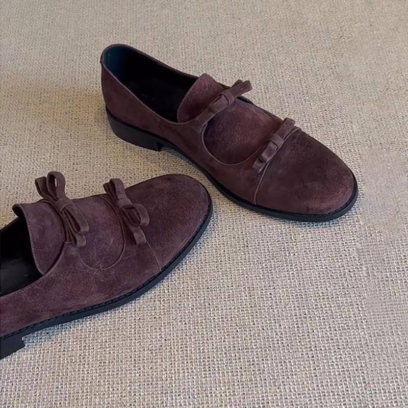 Cowhide Version~ Round Head Retro Bow Small Leather Shoes Low Heel Loafers One Pedal Simple Mary Jane Single Shoes Women