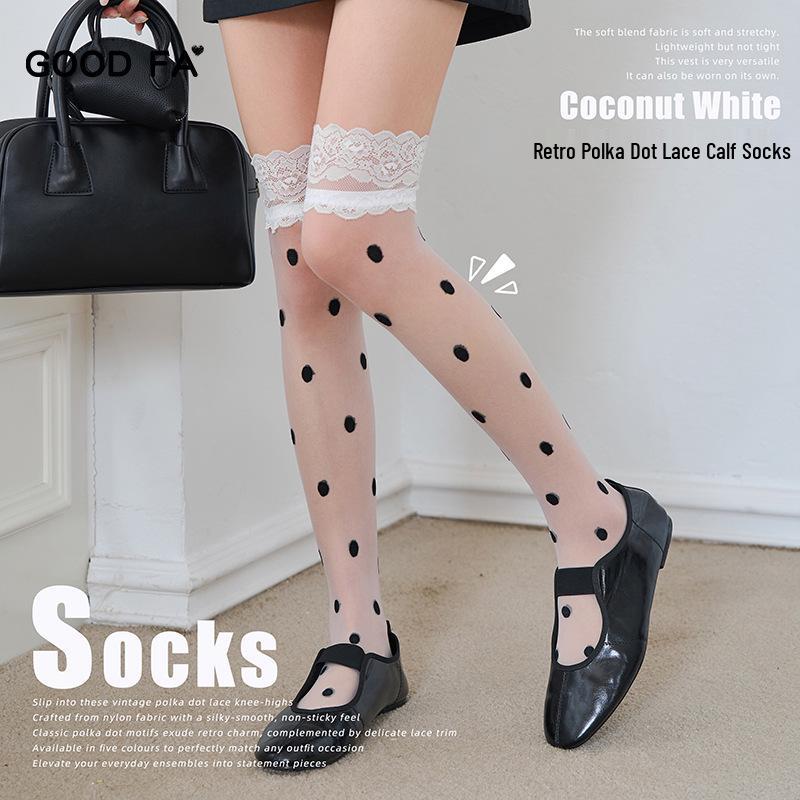 Women s Retro Long Polka Dot Compression Socks - Lace Calf, Piled, Transparent, Spring/Summer Style Black - Polka Dot Lace Calf