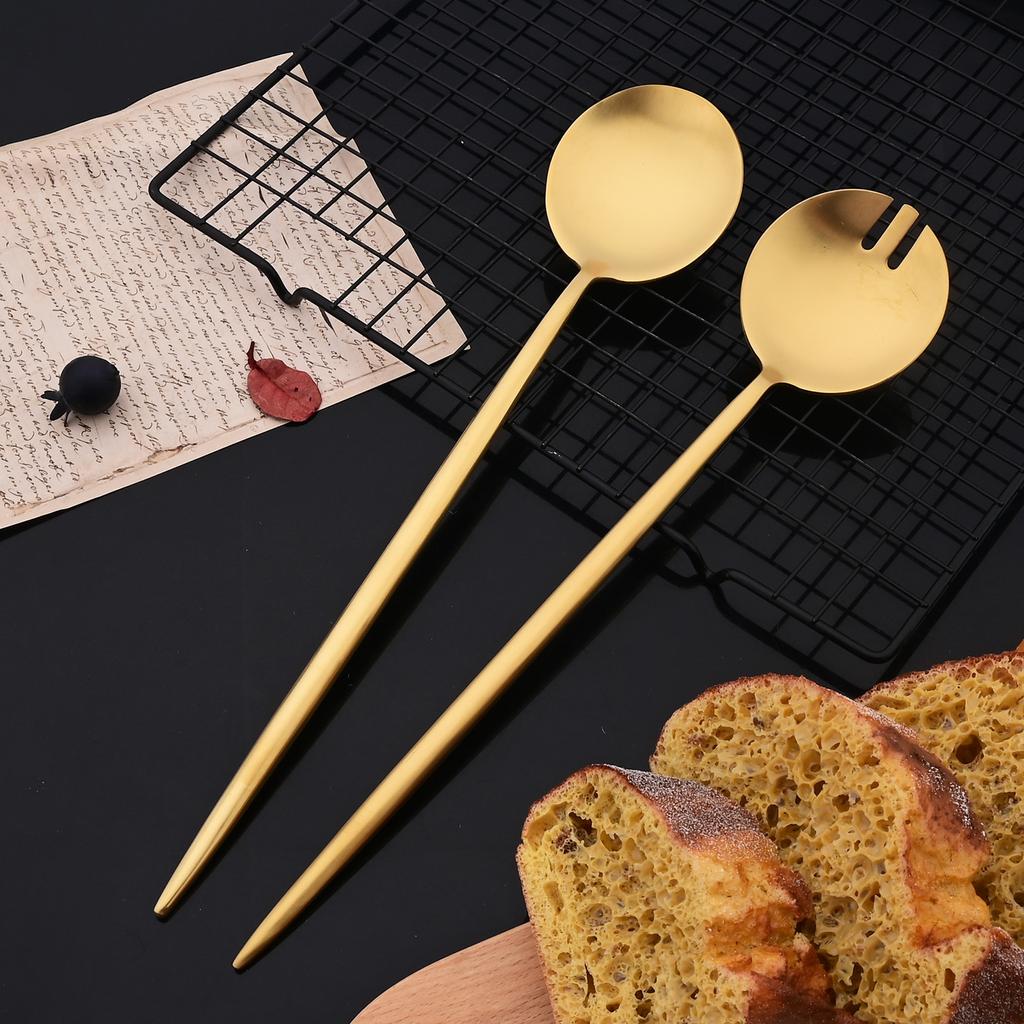 2Pcs Salad Service Set Matte Silver Cutlery Set Spoons Forks Long Handle Large Fork Stainless Steel Dinning Server Set