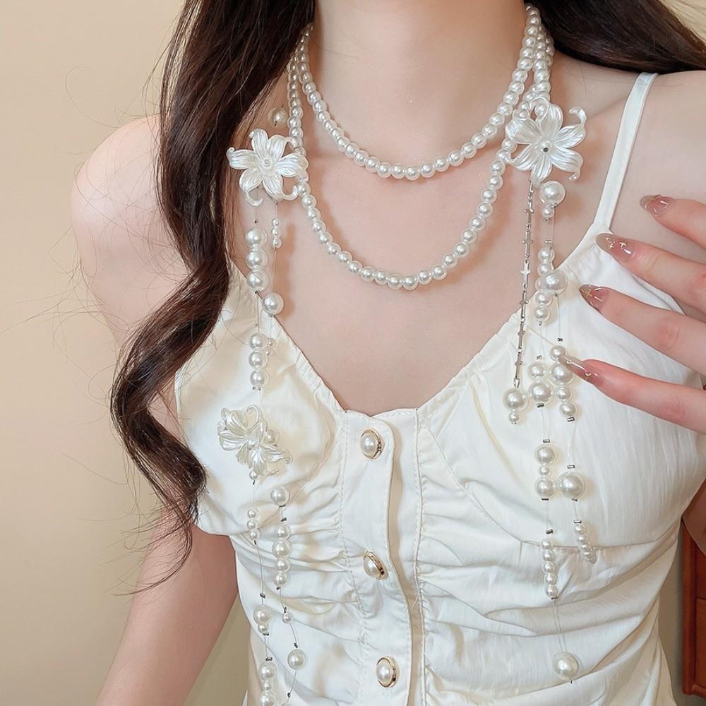 Multi Layer Lilium Flower Pearl Necklace Balletcore Style Stacked Flower Choker Strapless Dress