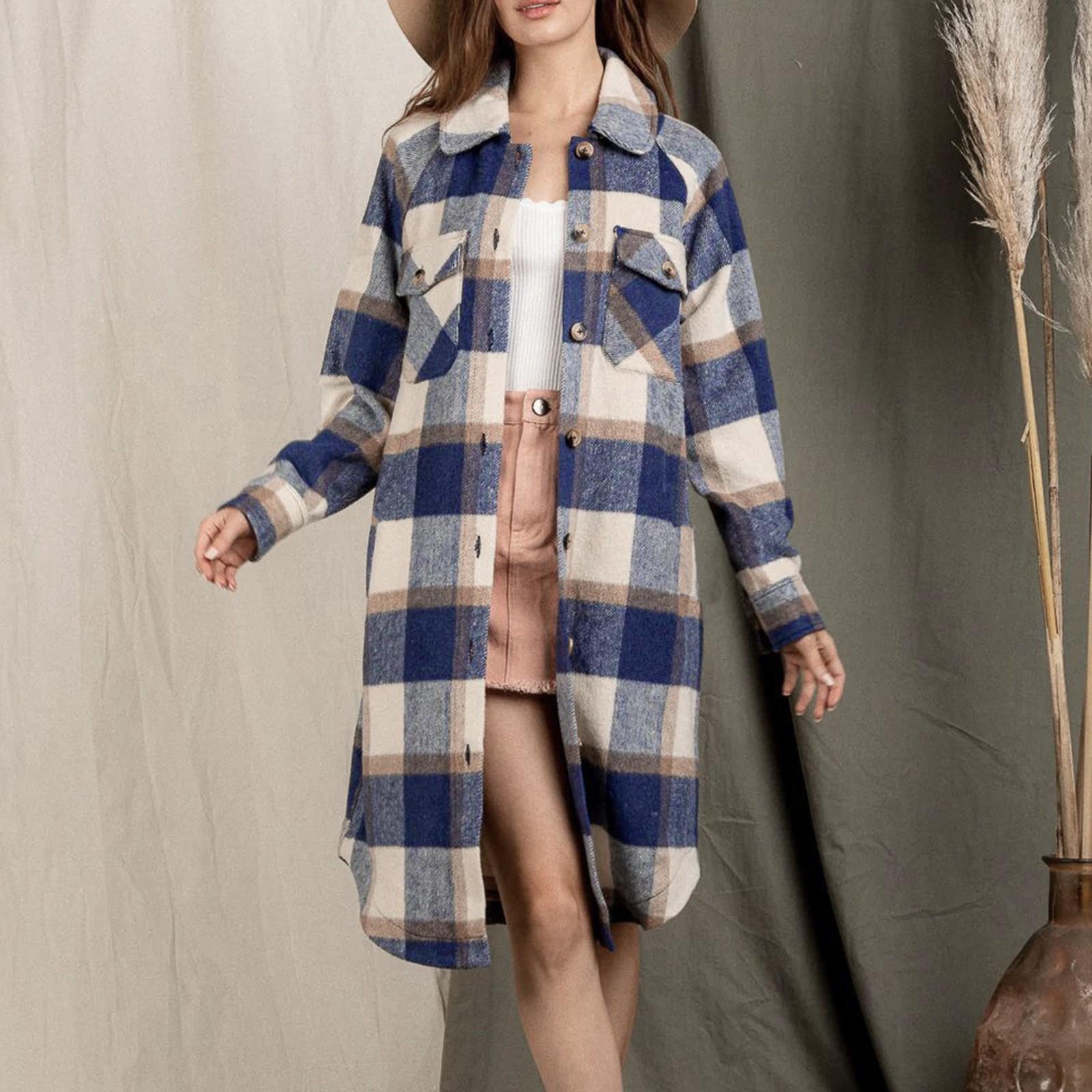 

Женская зимняя мода с лацканами, большим карманом, длинным рукавом, клетчатый кардиган M синий