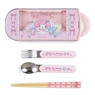 Sanrio and Chopsticks Set for Dishwasher and Dryer with Name Made In My Melody 878952 (SANRIO) Spoon, Fork, 3-Piece Children, Safe, Sticker, Japan,