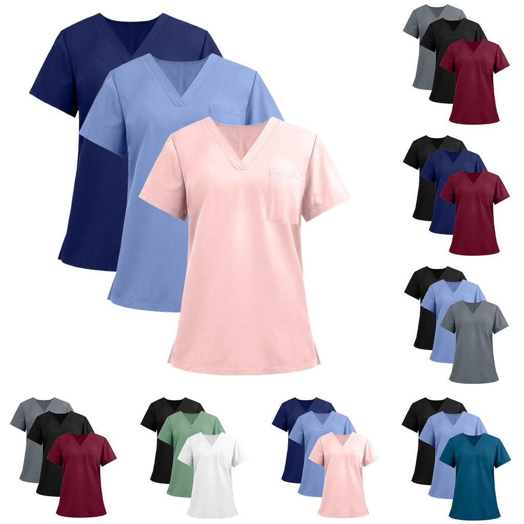 3PC Women's Fashion Solid Short Sleeve V Neck Pattern Tops Pocket Working T-shirts
