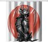 Japanese Shower Curtain, Watercolor Style Red Sun Silhouette Ninja In Moonlight Medieval Theme National Folk Asian Print