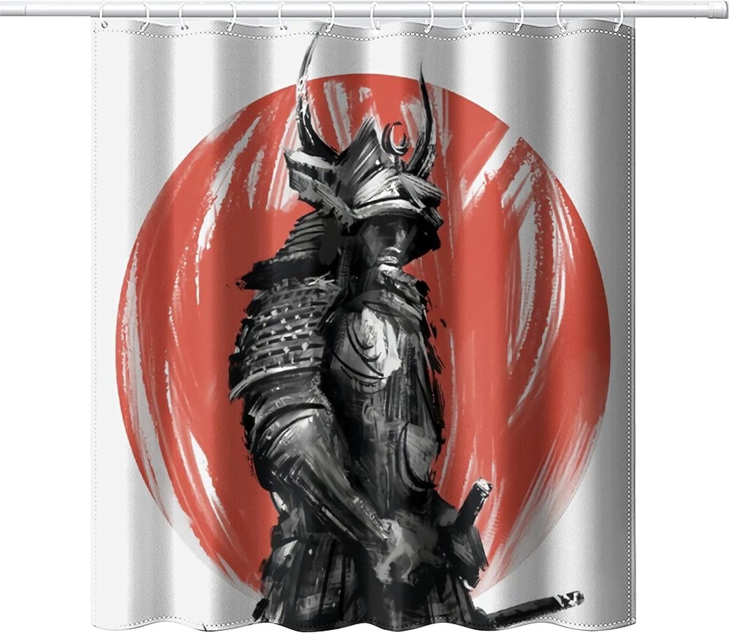 

Japanese Shower Curtain, Watercolor Style Red Sun Silhouette Ninja In Moonlight Medieval Theme National Folk Asian Print W60H190(CM)-1 Pcs