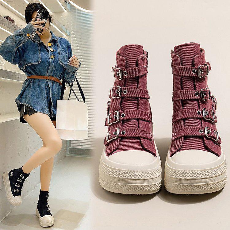 Women's High Canvas Shoe Design Buckle Strap Zip Simplicity Female Shoes Street Grace Waling Shoes