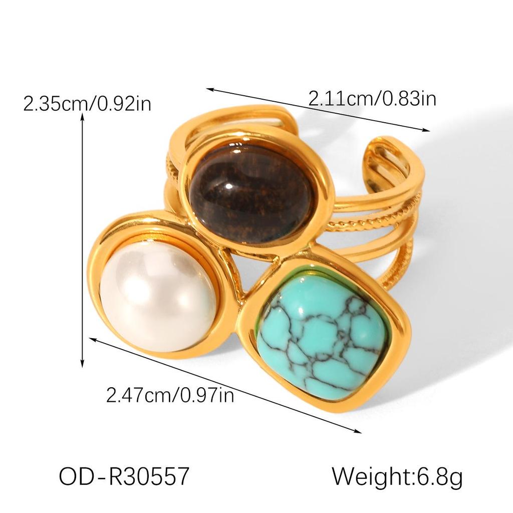 Turquoise Stainless Steel Jewelry Set: Open Ring & Tiger Eye Earrings - Luxurious High-End Look