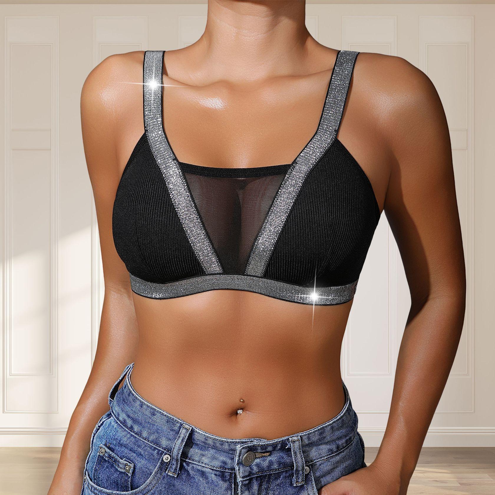 Women Mesh Patchwork Glitter Strap Wireless Sports Bra Ribbed Soft Comfort Crop Top S чёрный