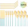 20Pcs/Set Rose Gold Cutlery Set Stainless Steel Tableware Knife Fork Spoon Straw Dinnerware Set Kitchen Flatware Silverware