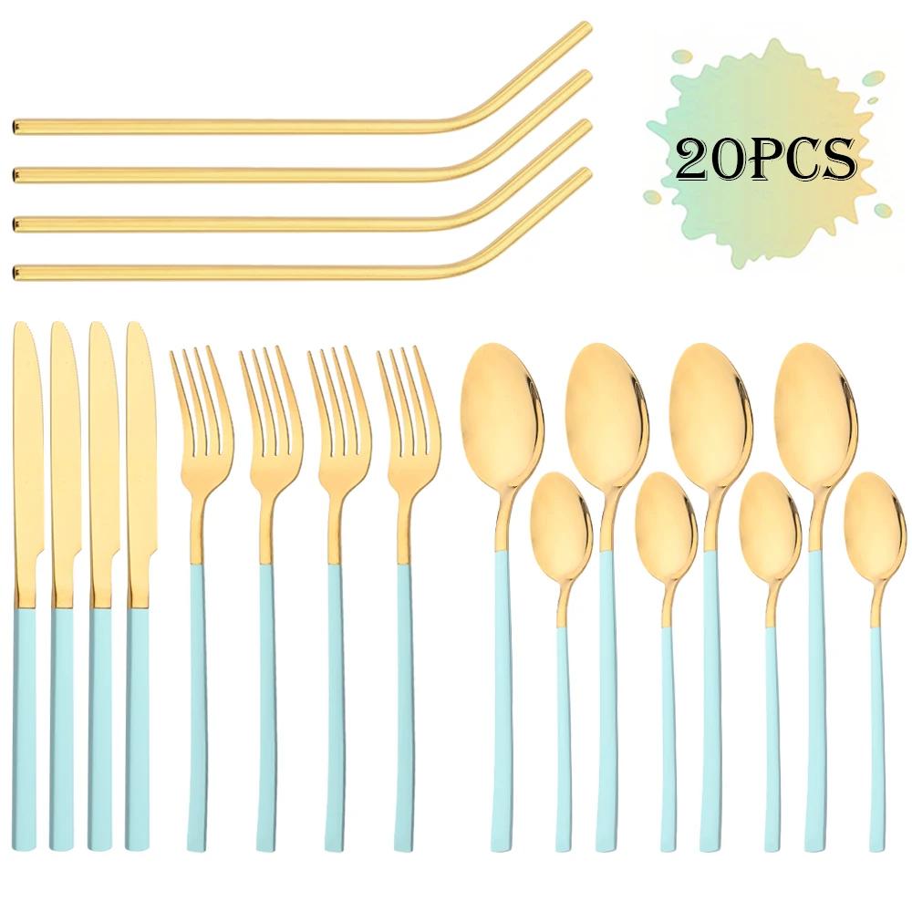 20Pcs/Set Rose Gold Cutlery Set Stainless Steel Tableware Knife Fork Spoon Straw Dinnerware Set Kitchen Flatware Silverware