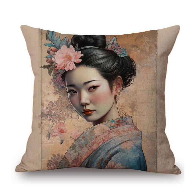 Pretty Japanese Girl Geisha Sakura Lovely Beautiful Woman Asian Culture Art Decorative Sofa Pillow Case Linen Cushion Cover