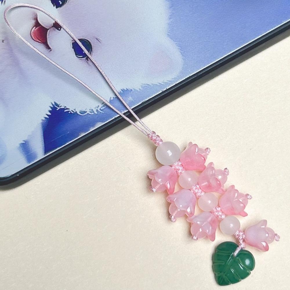 Glass Lily of The Valley Flower Leaf Charm Phone Chains Bag Hanging Pendant Keychains Phone Lanyard Jewelry