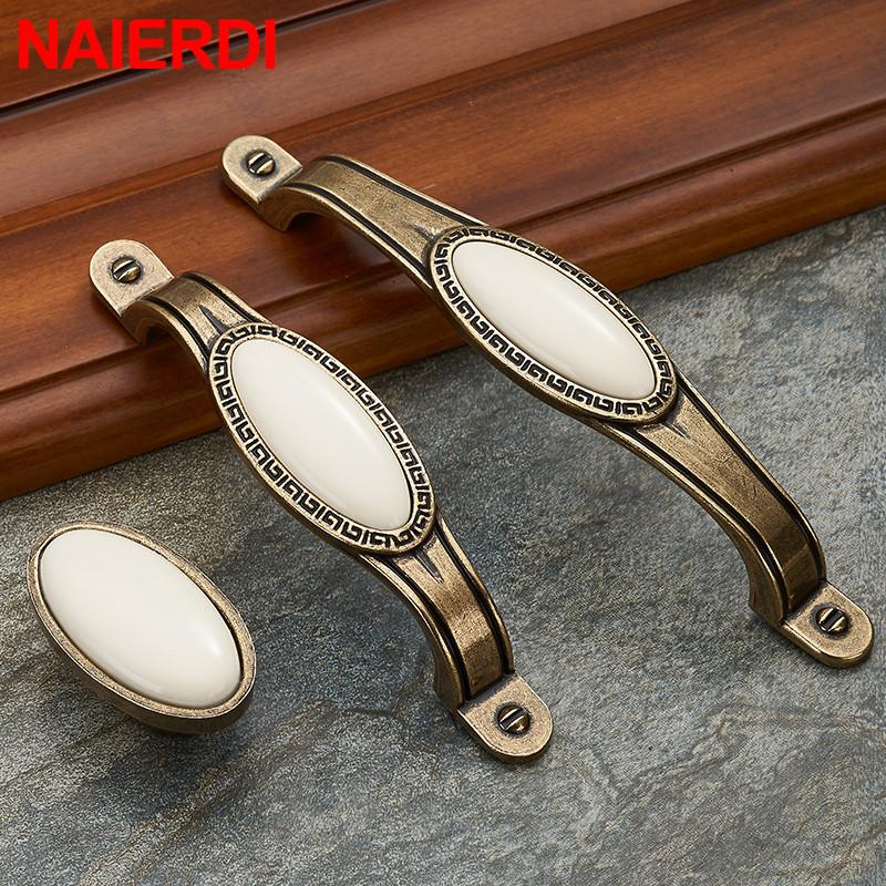 NAIERDI Zinc Alloy Antique Bronze Ceramic White Cabinet Handles Drawer Knobs Wardrobe Door Handle European Furniture Hardware