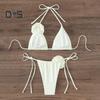 2Pcs/Set Women Bikini Set Lace-up Halter Padded Bra Swimming Trunks Set 3D Flower Decor Beach Style Swimwear