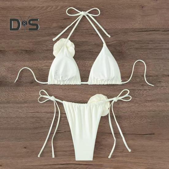 2Pcs/Set Women Bikini Set Lace-up Halter Padded Bra Swimming Trunks Set 3D Flower Decor Beach Style Swimwear