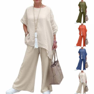 Damen Locker Bequem Lässig Modisch Baumwolle Leinen Asymmetrisches Langarm-Set Weitbeinige Hose Zweiteiliges Set