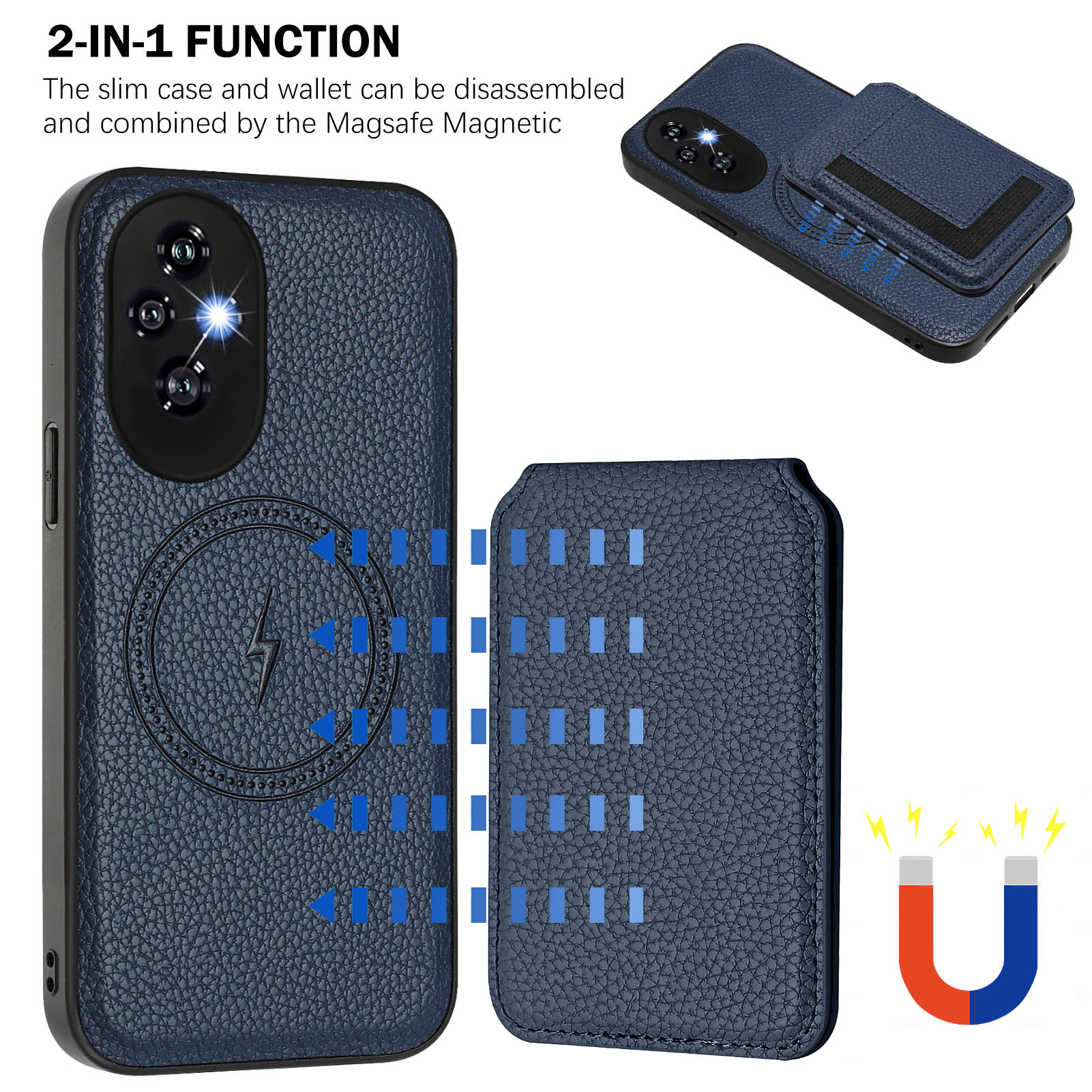 

Magsafe 2 в 1 съемный чехол-кошелек Huawei с держателем для карт, магнитной подставкой, откидной чехол из искусственной кожи для Honor X6B X7B X8B X9B Honor200 Play 8T Honor 200 Pro 5G темно-синий