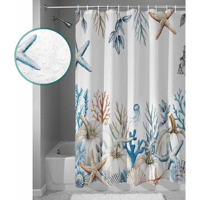 Fall Shower Curtain, Ocean Sea Thanksgiving Bathroom Shower Curtains, Seasonal Vintage Pumpkin Starfish Jellyfish Shell Shower Curtain with Hooks