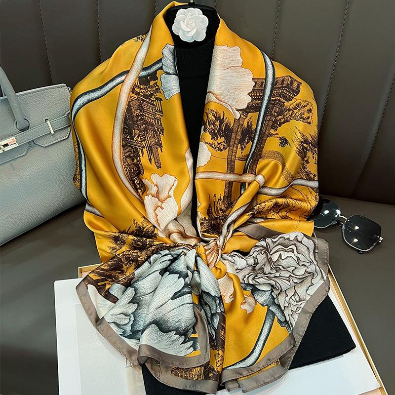 

Long brocade silk scarf, spring and summer new printed versatile shawl, gift temperament, high-end decorative beach towel 180cm