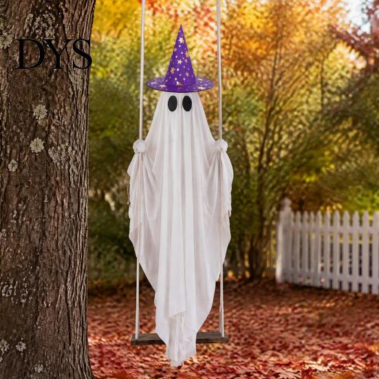 Ghost Decor with Hat Halloween Swing 2 Hats, Ornament LED Creepy String Light, Remote Control Glowing Hanging for Tree Porch Garden Swinging Pendant