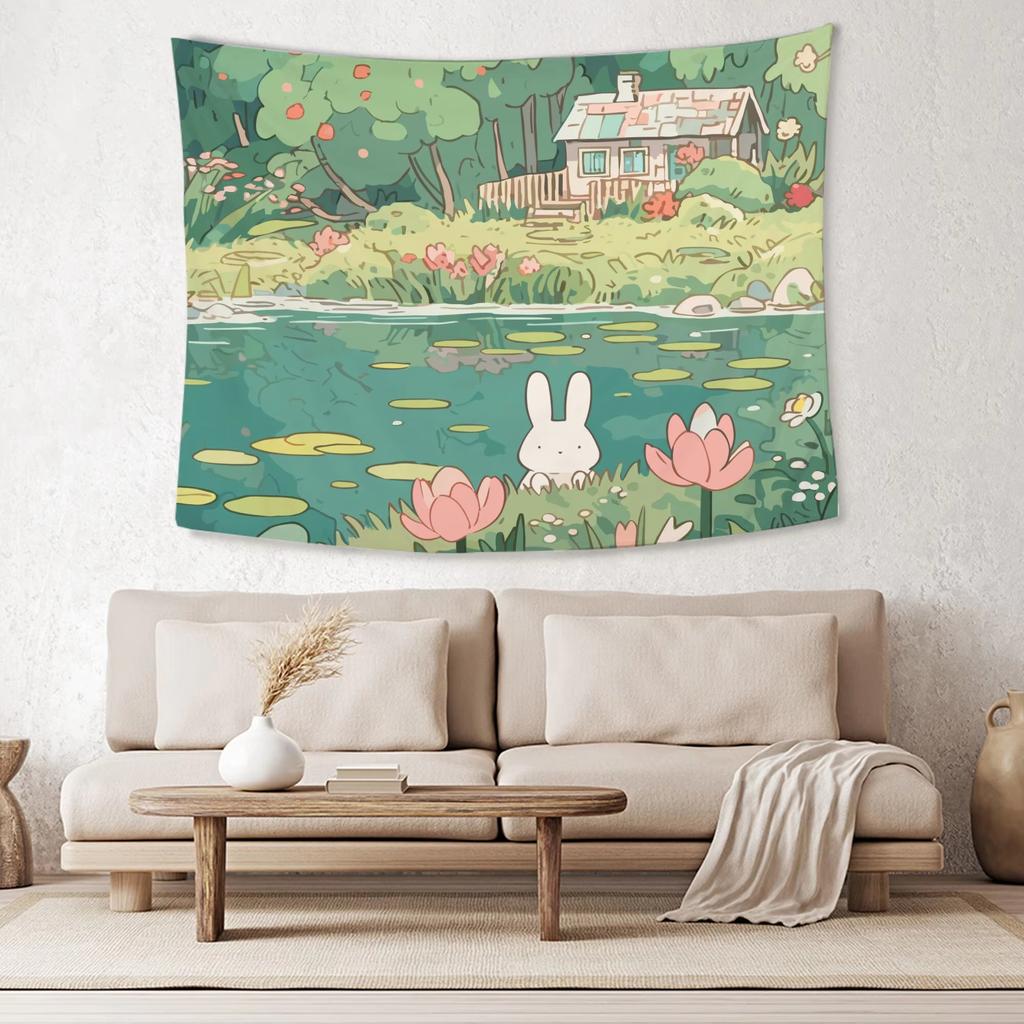 Forest Aesthetic Tapestry Kawaii Animals with Green Plants for Instagram Style Room Photo Wall Decor