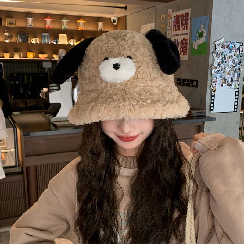 

Autumn and winter puppy ears bucket hat female big head circumference plush bucket hat cute face small warm hat One size хакі