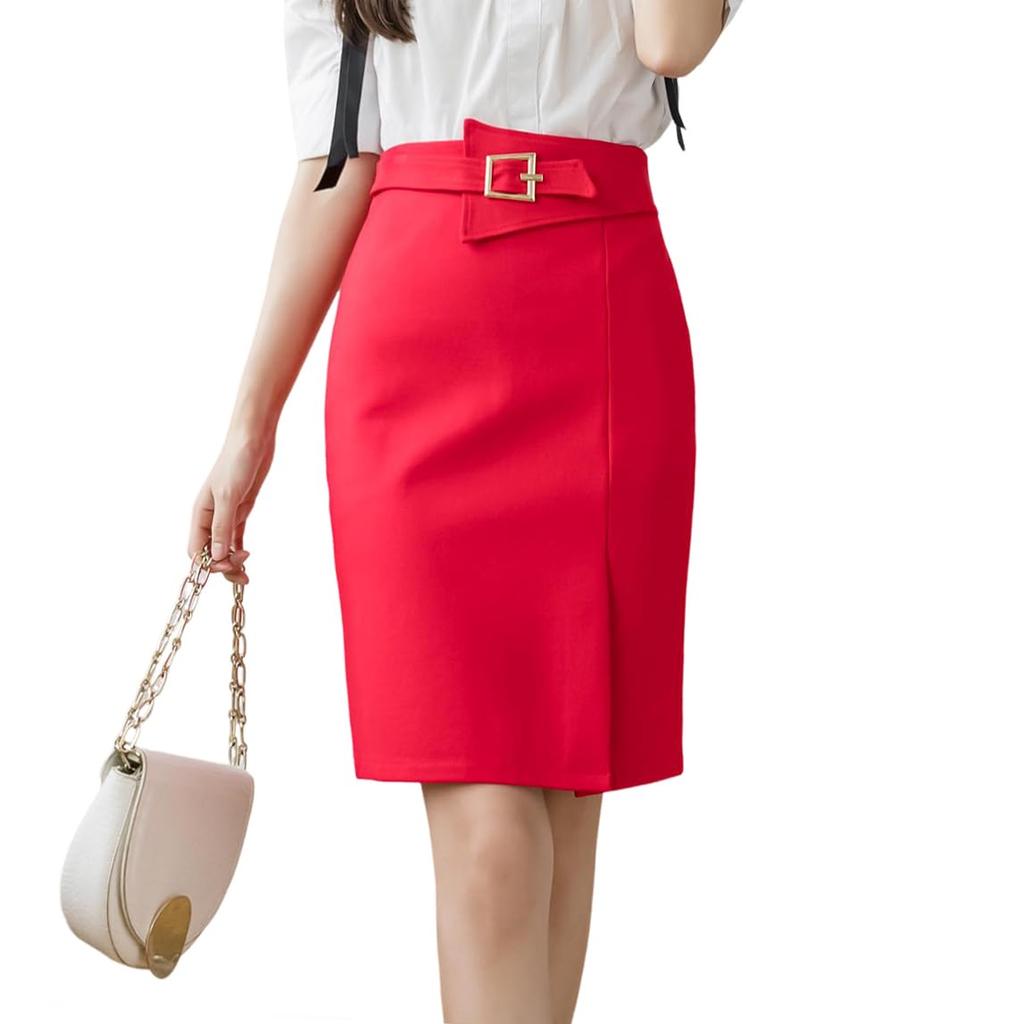 Syvent Red Tight Skirt with Plus 12F296 Women's Slits, Knee-Length, Sizes,