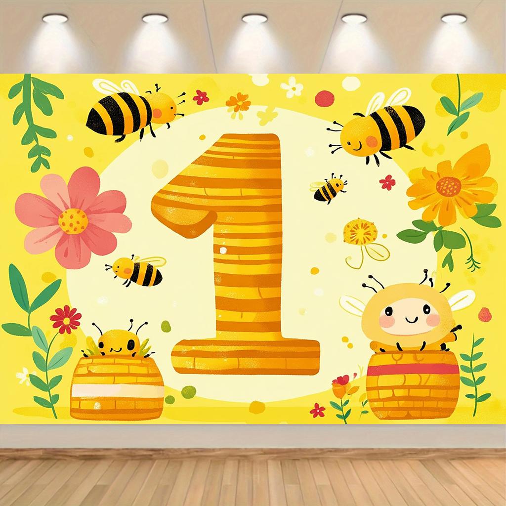 1 piece bee themed one-year birthday background banner cheerful cartoon bee and honeycomb design with flowers and leaves