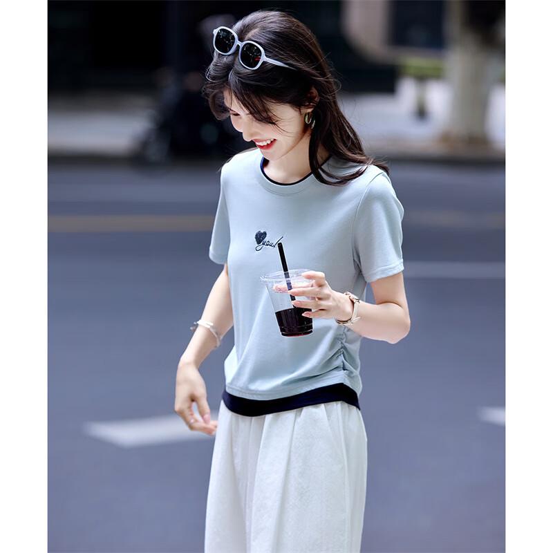 Women s Heart Embroidered Round Neck T-Shirt S