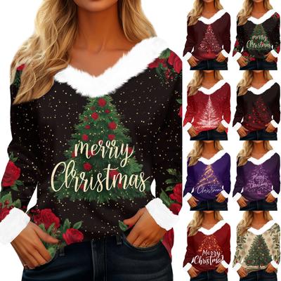 Kadın Günlük Moda Uzun Kollu Noel Baskılı Flanel Yakalı Üst