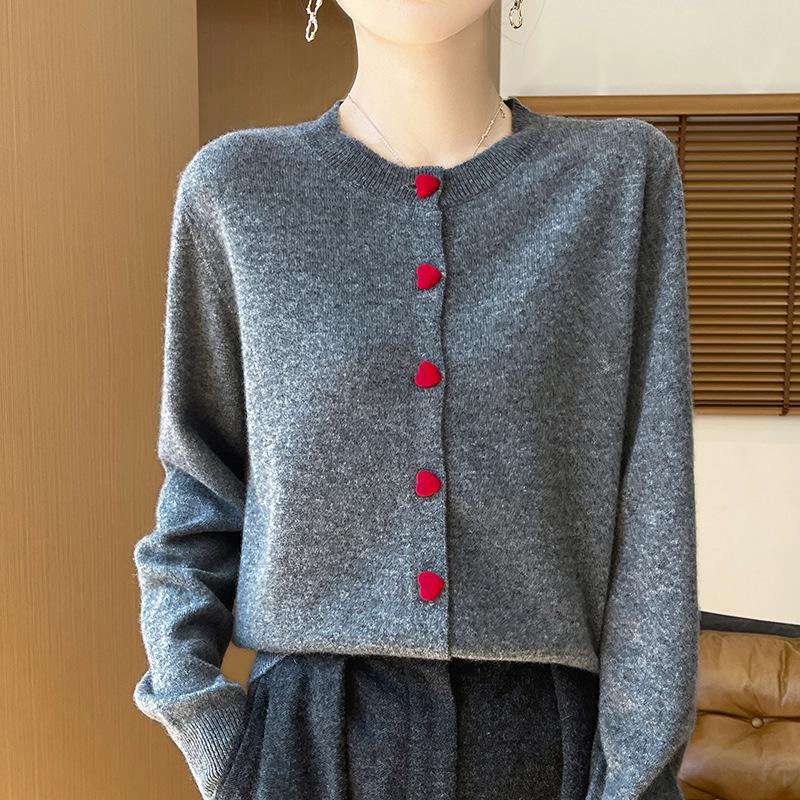 Women's 100% Wool Loose Knit Cardigan with Heart Buttons - Sweet Style Round Neck Sweater for Autumn/Winter