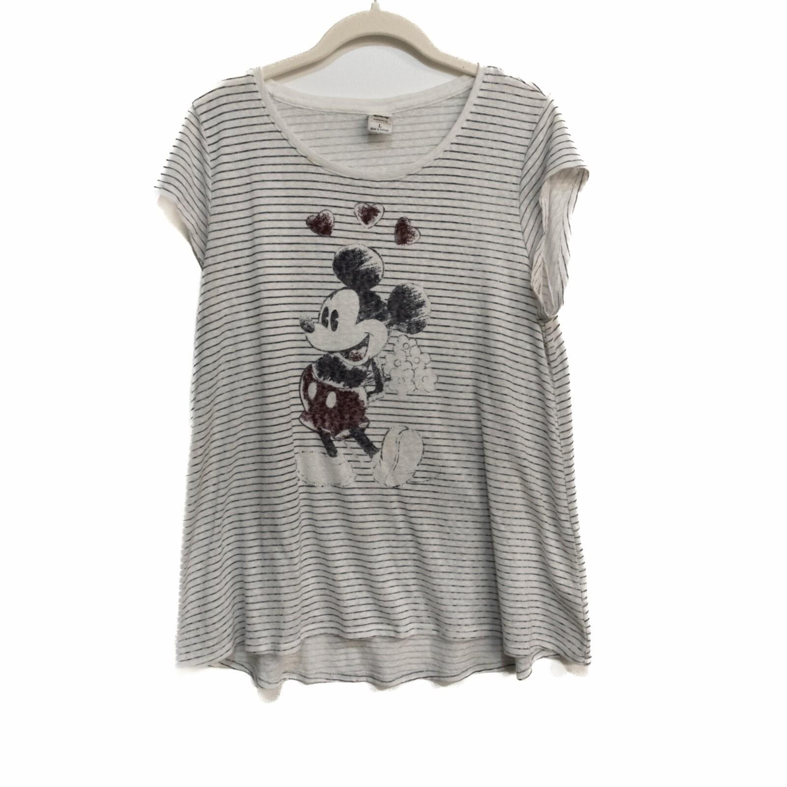 Disney Womens Gray Black T-Shirt Striped Mickey Mouse Print Round Neck Size L S
