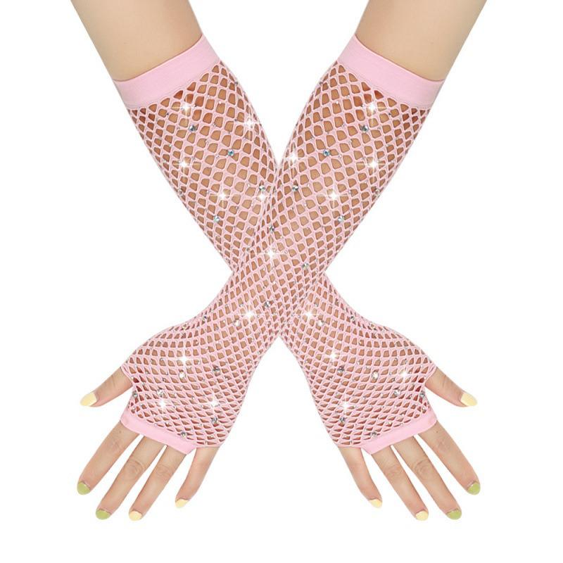 Rhinestone Fishnet Half-Finger Party Gloves