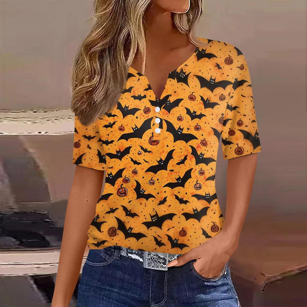 Women's T Shirt Halloween Print Button Short Sleeve Daily Weekend Fashion Basic V- Neck Regular Top