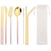 8Pcs/Set Portable Stainless Steel Dinnerware Set Travel Camping Spoon Fork Knife Chopsticks Straws Brush Tableware Flatware Set with Storage Bag